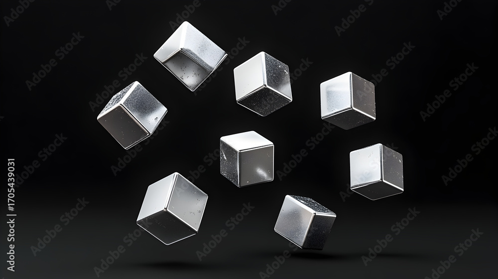 Poster black background with simple geometric cube shapes suspended in the air representing minimalistic di