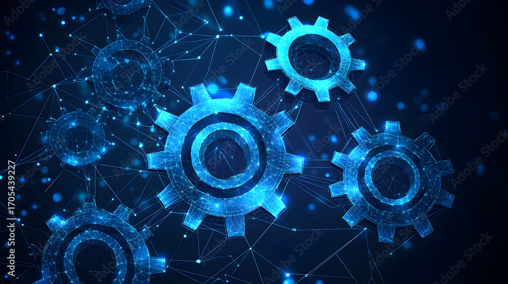 Poster abstract polygonal technology background in deep blue with gear connections and glowing network node