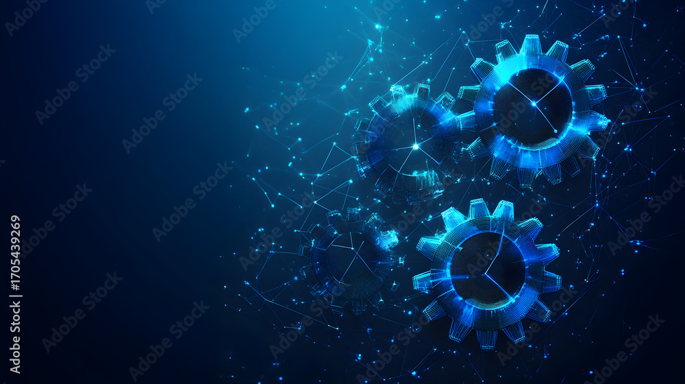 Poster futuristic dark blue low poly background featuring glowing interconnected gears and digital network 