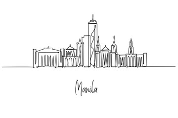 Manila city skyline rendered as a one line drawing, a city skyline concept with Intramuros, Rizal Monument and Manila City Hall shaping a Philippines capital theme in clean minimal outlines.