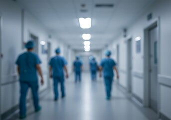 Blurred figures of medical professionals walking down a hospital corridor