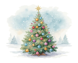 Watercolor Christmas tree with ornaments