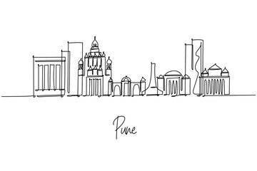 Pune city skyline created as a single line drawing, a city skyline concept with Maharashtra theme featuring Shaniwar Wada, Aga Khan Palace and Sinhagad Fort composed in elegant minimal outlines.