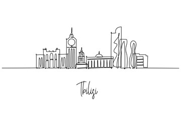 Fototapeta premium Tbilisi city skyline depicted as a one line drawing, a city skyline concept with capital theme including Holy Trinity Cathedral, Freedom Square and glass towers expressed in clean linear contours.