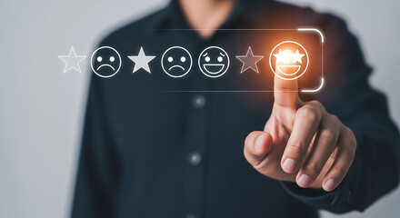 Capturing the delight of a five star experience a touch of happiness on a digital rating scale with focused depth of