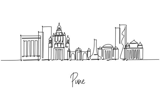 Pune city skyline created as a single line drawing, a city skyline concept with Maharashtra theme featuring Shaniwar Wada, Aga Khan Palace and Sinhagad Fort composed in elegant minimal outlines.