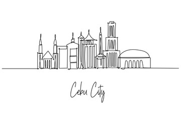 Cebu City skyline rendered as a single line drawing, a city skyline concept with Visayas theme highlighting Basilica del Santo Nino, Magellan Cross and towers arranged in simple clean outlines.