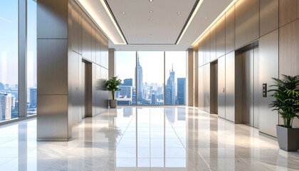 Modern, high-rise lobby with city view