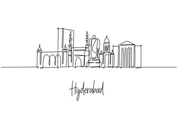 Hyderabad city skyline shown as a one line drawing, a city skyline concept with Telangana theme featuring Charminar, Golconda Fort, Hussain Sagar Buddha and Chowmahalla Palace in clean minimal lines.