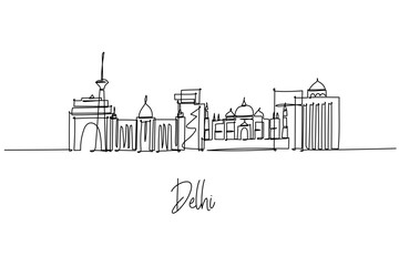 Delhi city skyline presented as a one line drawing, a city skyline concept with capital theme highlighting India Gate, Red Fort, Jama Masjid and Qutub Minar arranged into clean linear silhouettes.