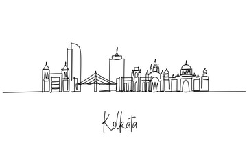 Kolkata city skyline created as a continuous line drawing, a city skyline concept with Bengal theme featuring Howrah Bridge, Victoria Memorial and colonial facades shaped into clean minimal outlines.