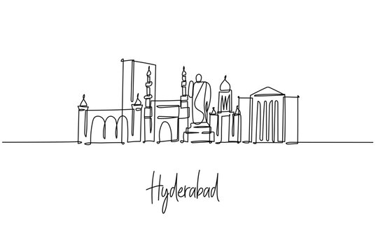 Hyderabad city skyline shown as a one line drawing, a city skyline concept with Telangana theme featuring Charminar, Golconda Fort, Hussain Sagar Buddha and Chowmahalla Palace in clean minimal lines.