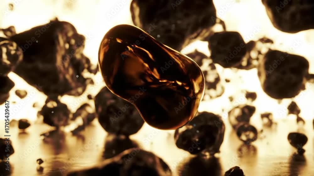 Poster abstract fluid simulation with floating organic spheres in warm light, technology concept with liqui