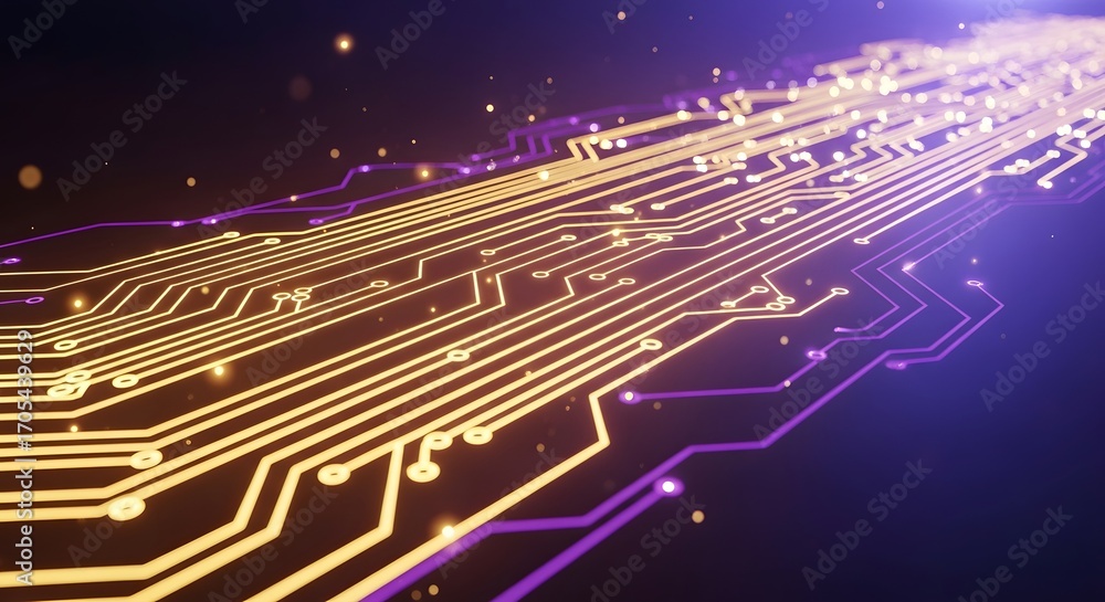Poster modern circuit board design with vibrant golden glow for cutting-edge technology and dynamic innovat