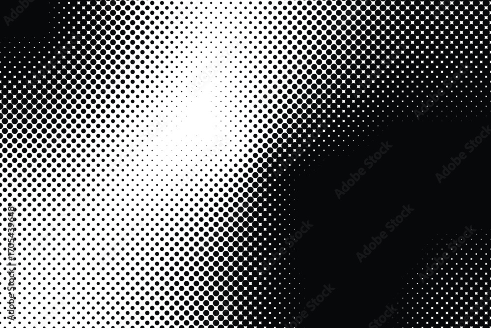 Poster black and white halftone background features a smooth gradient, transitioning from a dense concentra