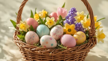 Easter Basket with Colorful Eggs and Spring Flowers
