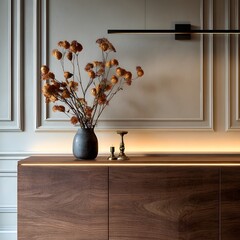 Modern Sideboard with Autumn Branches and Warm Task Lighting
