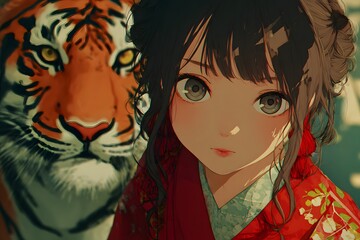 Anime girl in red kimono with tiger companion in forest