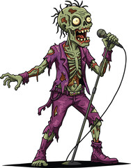 Cartoon Zombie Rock Singer Performing on Stage with Microphone in Hand, Wearing Tattered Purple Clothes and Looking Scary but EnergeticCartoon Zombie Rock Singer Performing on Stage with 