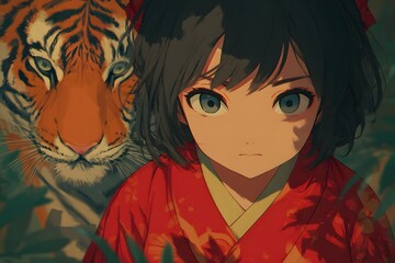 Anime girl in red kimono with tiger companion in forest
