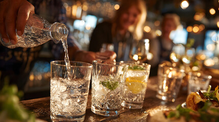 Modern restaurant interior scene with close-up of hands pouring liquor shots into glasses at bar counter while people in background enjoy lively conversations and elegant social atmosphere