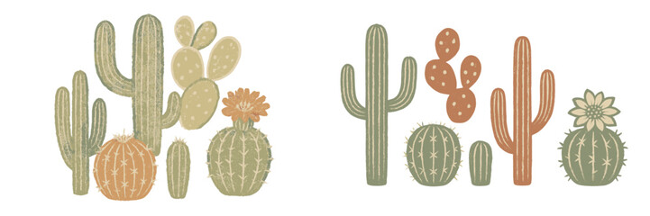 Stylized collection of desert cacti and succulent plants with blooming flowers in various shapes and sizes, botanical elements