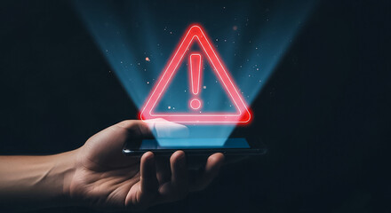 Navigating Digital Threats A glowing red warning sign appears above a mobile device signaling alert and prompting