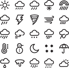 Collection of weather icons in black outline style