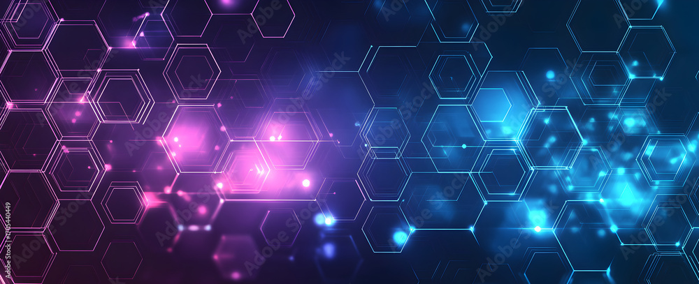 Poster futuristic hexagonal grid in purple and blue tones with polygonal connections representing advanced 