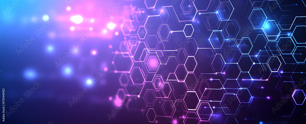 Poster abstract purple and blue technology background with hexagonal pattern and polygonal shapes symbolizi