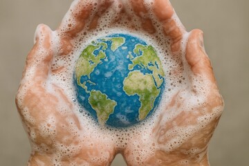 Hands cradling earth with soap bubbles for global awareness
