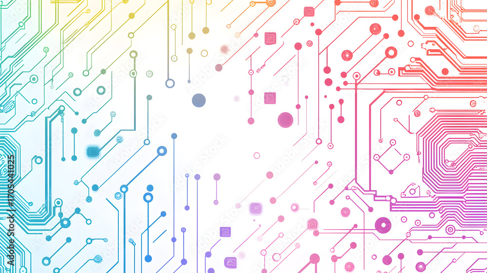 Poster creative pastel color circuit design featuring interconnected nodes and soft geometric lines on whit