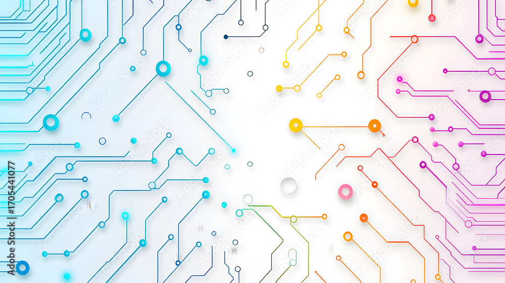 Poster minimalist pastel-toned electronic circuitry with delicate traces and connection points over bright 