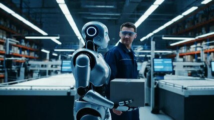 A humanoid robot and a human warehouse worker collaborate with the man giving directions while the robot carries a package symbolizing the future of logistics and automation. - Powered by Adobe