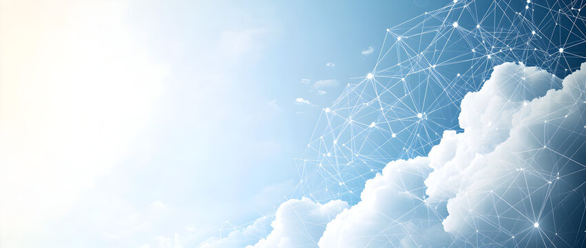 Digital cloud technology background design with abstract geometric shapes in white and light blue palette representing global storage, internet security, and modern data networking systems