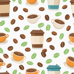 Obraz premium Seamless pattern with coffee beans and cups, a vector illustration of a hot cafe beverage for a morning restaurant breakfast design