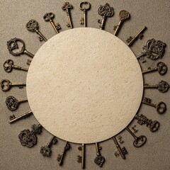 Vintage ornate keys forming a circular frame around blank textured paper for copy space.