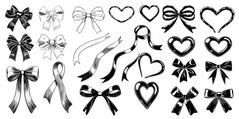 Collection of hand drawn black and white bows ribbons and heart shapes for design elements
