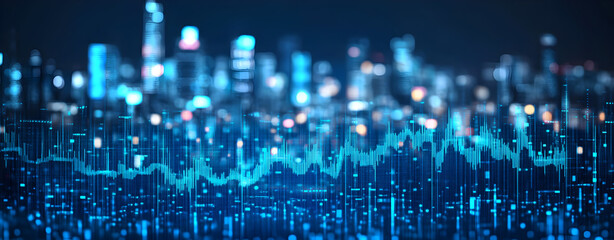 Fototapeta premium Blurred trading data background with blue stock market graphs and financial analytics overlaying office building silhouette representing modern business, economy growth, and investment planning