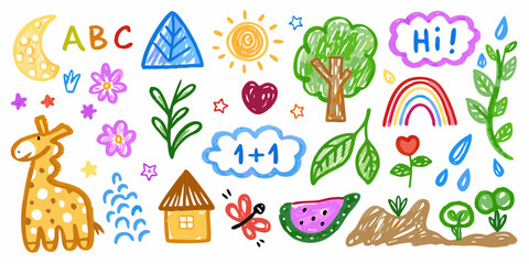 Collection of colorful hand drawn childlike illustrations of nature animals and school elements on white background