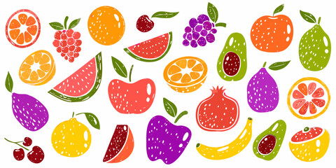 Vibrant collection of hand drawn fruits and citrus slices on white background