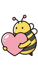 A charming cartoon bee with black and yellow stripes lovingly embraces a large pink heart, symbolizing affection, happiness, and sweet sentiments.