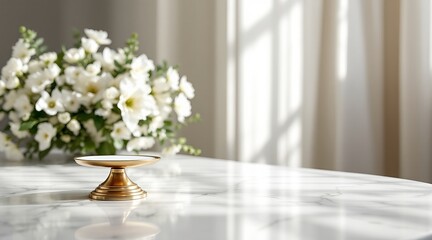A beautiful bouquet of white flowers sits on a marble table with sunlight streaming in from a nearby window