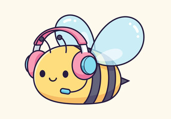 A charming cartoon bee, adorned with stylish pink headphones and a microphone, smiles sweetly, ready to offer friendly customer support or enjoy some delightful music.