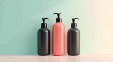 Three sleek bottles with pump dispensers stand in a row against a twotone pastel background