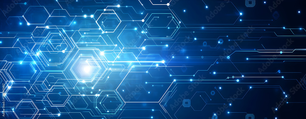 Poster abstract blue tech background featuring glowing white lines and geometric elements in modern vector 