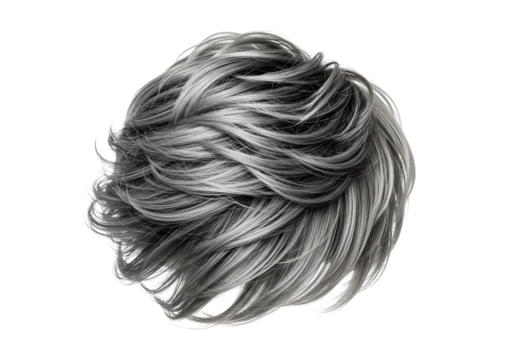 A detailed close-up of voluminous, flowing grey hair, styled in a dynamic, textured updo against a pure black backdrop.