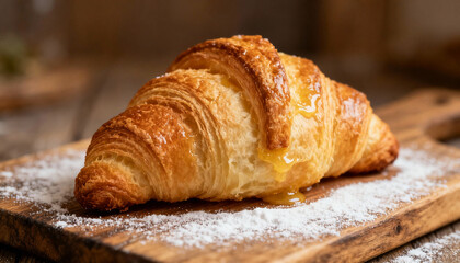 fresh croissant on wooden table