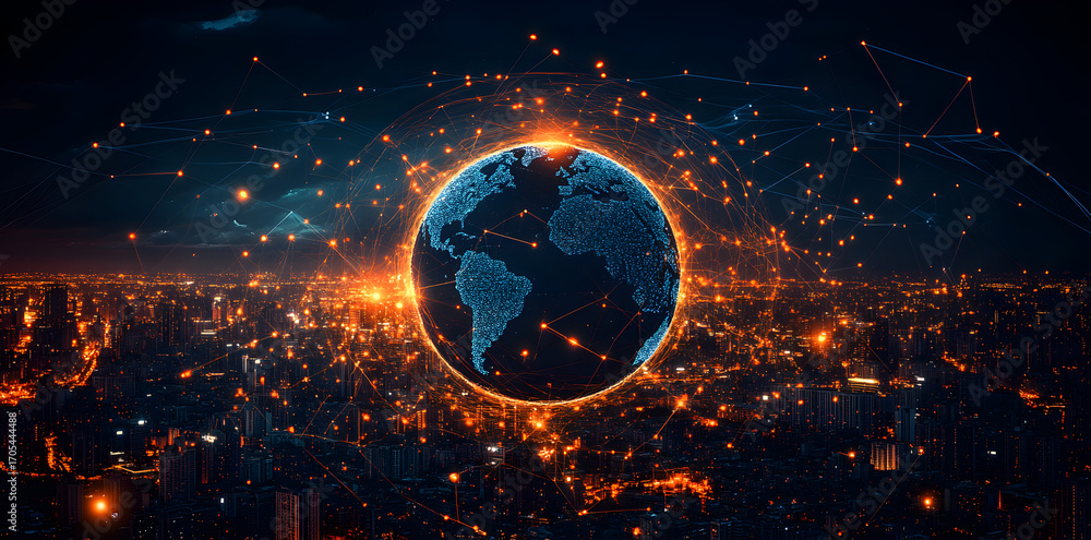 Poster global network connections forming abstract web of data, glowing digital lines linking nodes, modern