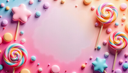 Pastel lollipop spirals and candies, vibrant background, with space for text
